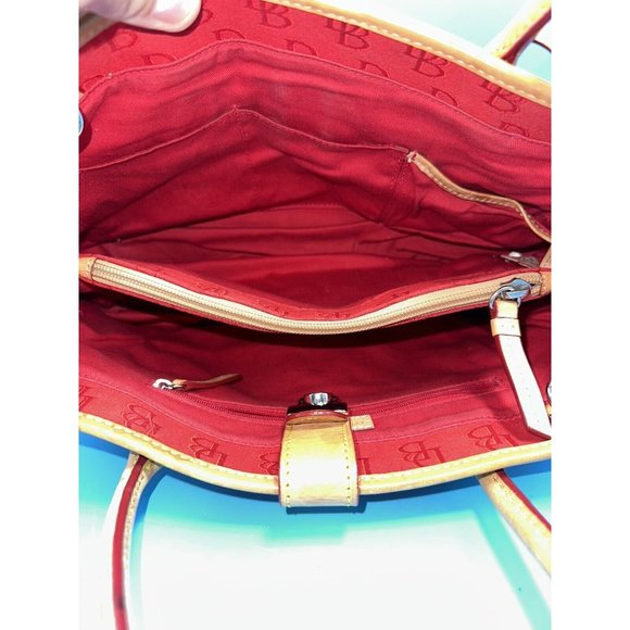 Dooney & Bourke Red Signature Monogram Tan Leather Buckle Closure Handbag - Picture 8 of 10